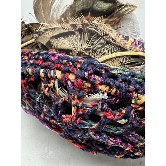 Handwoven Feather Hanging Basket Multicolor Yarn & Natural Feathers Used READ - Picture 4 of 7